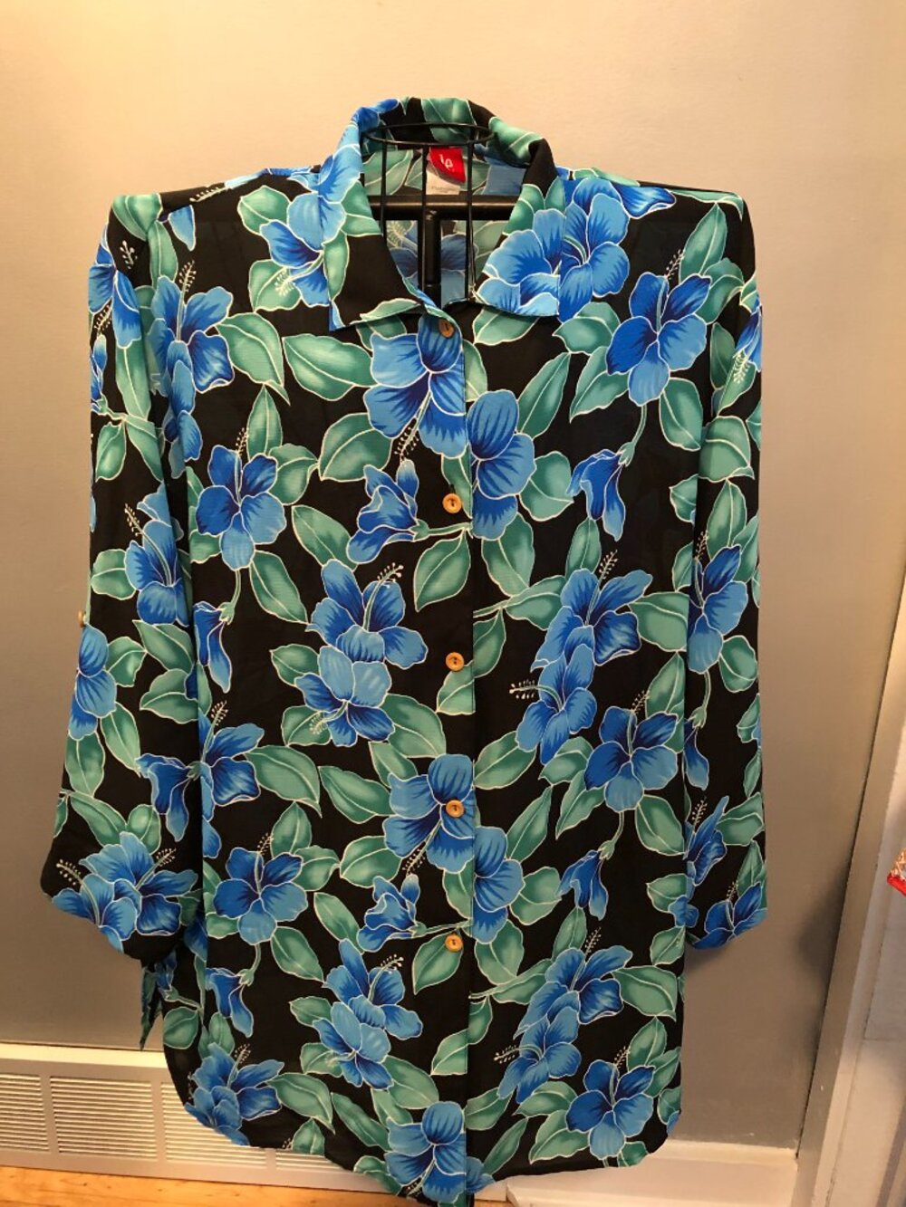 Cole of California 2X Long Sleeve Floral Blue & Green Blouse 29" Pit to Pit